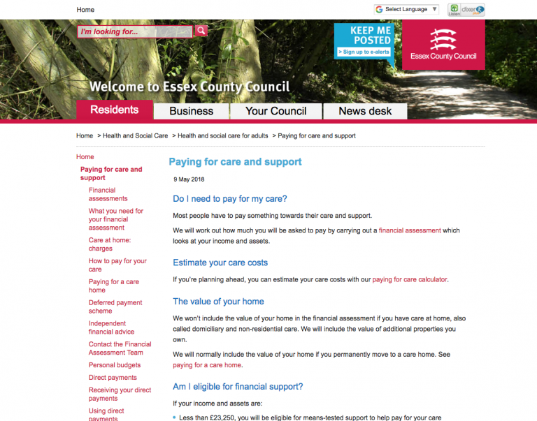 The new paying for care pages on Essex.gov.uk
