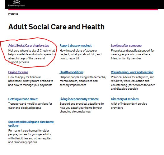 the adult social care landing page without a link at the top