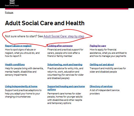 the adult social care landing page with a link at the top