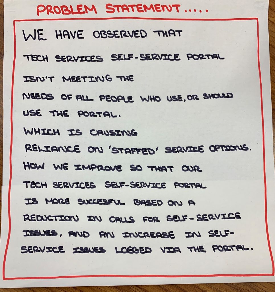Our problem statement, saying the tech services portal isn't meeting needs and is pushing people to call instead. Improving this will lead to fewer calls. 
