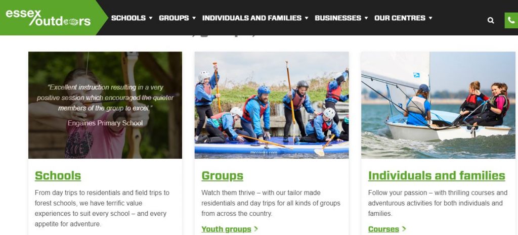 A picture of the Essex Outdoors website's homepage